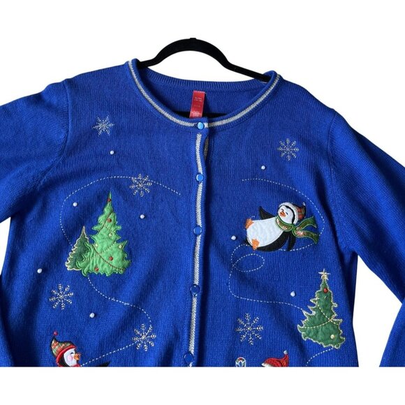 Unbranded Blue Christmas Cardigan Sweater Penguin Tree Design Size XL Cute GUC - Picture 2 of 5